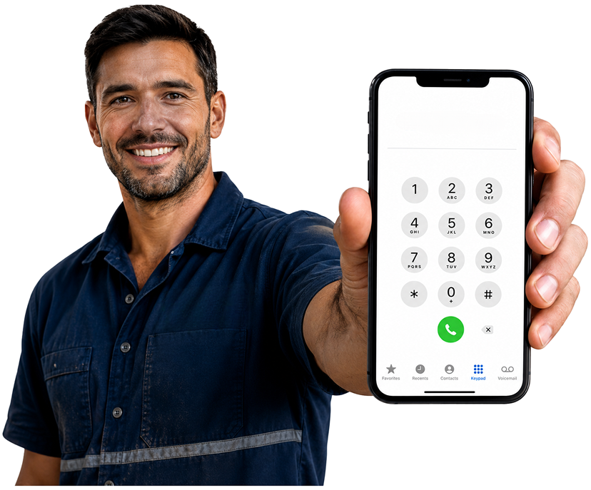 Carlton Blocked Drains plumber holding a phone — call 1300 261 965