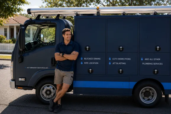 Service van and plumber at a Carlton callout