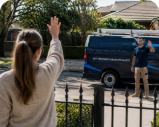 Customer waving goodbye to a Carlton Blocked Drains plumber